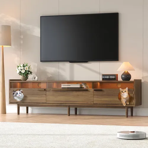 Meuble TV Moderne Avec LED Et Espace Chat, Portes En Verre Trempé, Tiroir