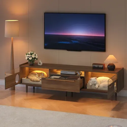 Meuble TV Moderne Avec LED Et Espace Chat, Portes En Verre Trempé, Tiroir