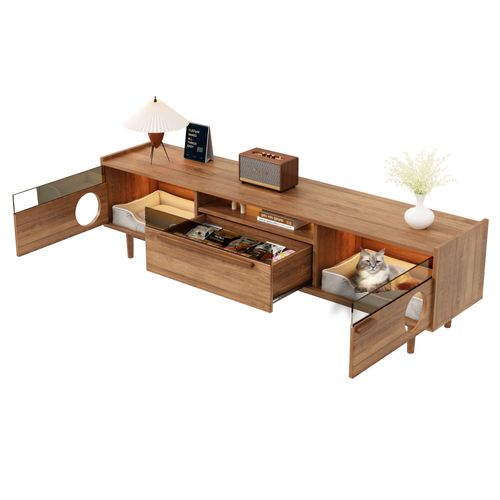 Meuble TV Moderne Avec LED Et Espace Chat, Portes En Verre Trempé, Tiroir