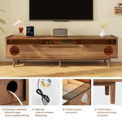 Meuble TV Moderne Avec LED Et Espace Chat, Portes En Verre Trempé, Tiroir