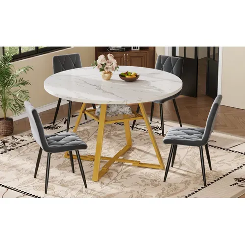Table Ronde 120 Cm Blanche Effet Marbre Avec Pieds Métal Doré Et Étagère
