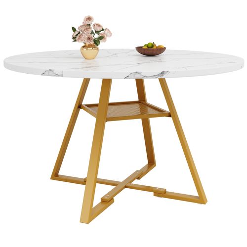 Table Ronde 120 Cm Blanche Effet Marbre Avec Pieds Métal Doré Et Étagère