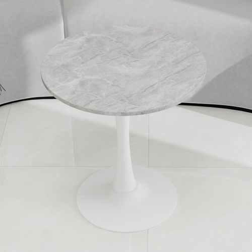 Table Ronde 70 Cm Style Mid-century Blanc Marbré Gris Clair Pour 2-4 Personnes