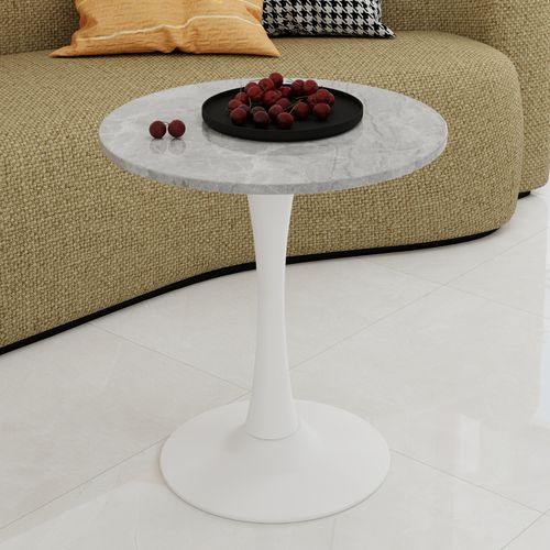 Table Ronde 70 Cm Style Mid-century Blanc Marbré Gris Clair Pour 2-4 Personnes