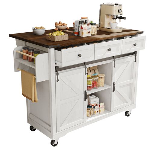 Desserte De Cuisine Blanc Avec Plateau Extensible, Chariot De Service à Roulettes 140 Cm
