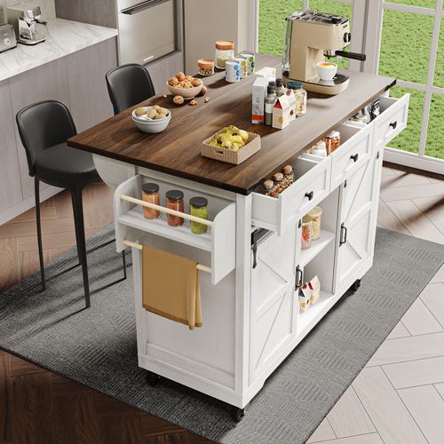 Desserte De Cuisine Blanc Avec Plateau Extensible, Chariot De Service à Roulettes 140 Cm