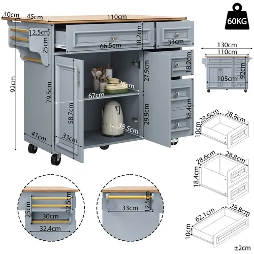 Desserte De Cuisine Multifonction 110×45-75×92 Cm Avec Table Pliante Et Rangement, Bleu