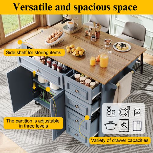 Desserte De Cuisine Multifonction 110×45-75×92 Cm Avec Table Pliante Et Rangement, Bleu