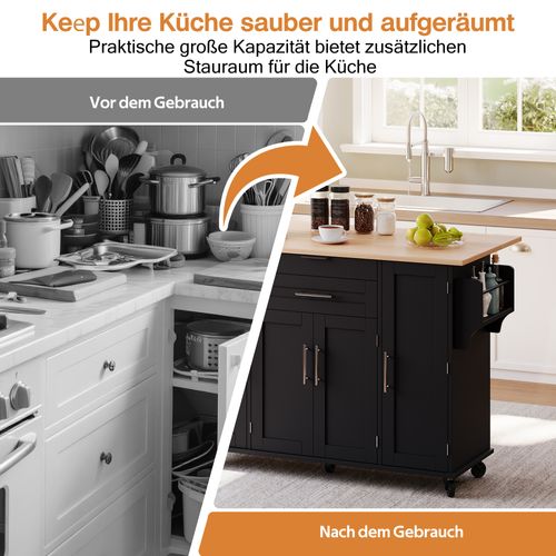 Desserte De Cuisine Mobile Noir 136 Cm Avec Plan Extensible, Tiroirs Et Rangements