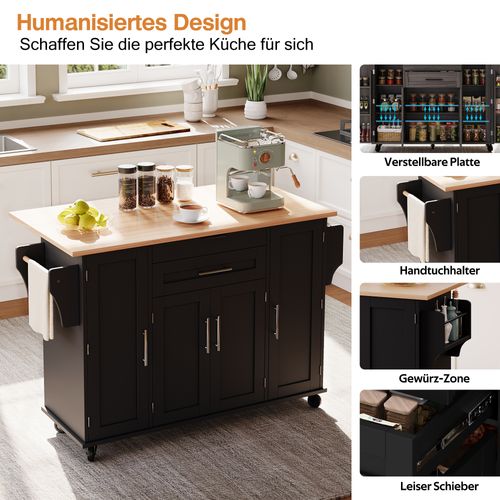 Desserte De Cuisine Mobile Noir 136 Cm Avec Plan Extensible, Tiroirs Et Rangements