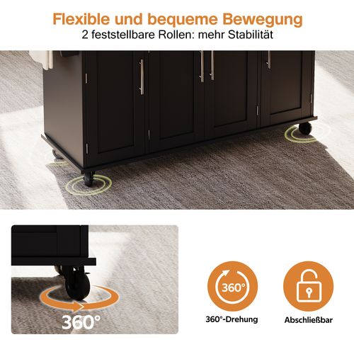 Desserte De Cuisine Mobile Noir 136 Cm Avec Plan Extensible, Tiroirs Et Rangements