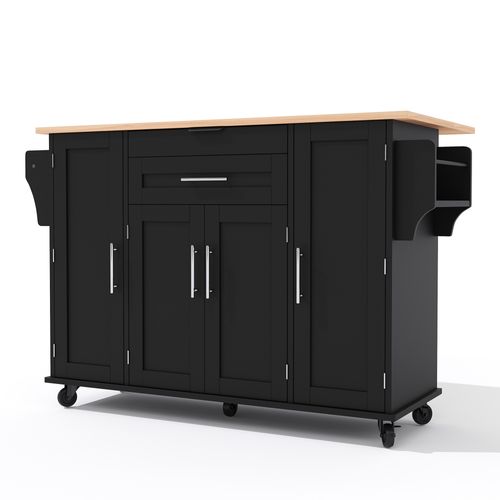 Desserte De Cuisine Mobile Noir 136 Cm Avec Plan Extensible, Tiroirs Et Rangements