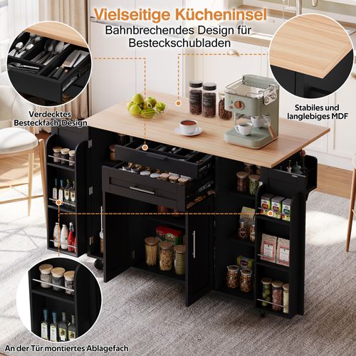 Desserte De Cuisine Mobile Noir 136 Cm Avec Plan Extensible, Tiroirs Et Rangements