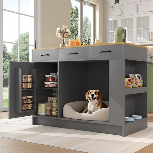Îlot De Cuisine Gris 120 Cm Avec Tiroirs, étagères Réglables Et Espace Pour Animaux
