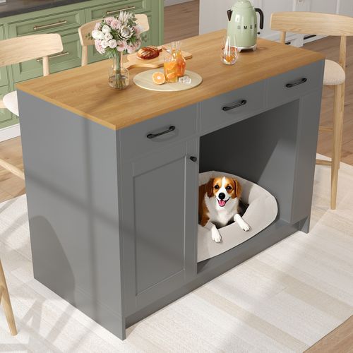 Îlot De Cuisine Gris 120 Cm Avec Tiroirs, étagères Réglables Et Espace Pour Animaux