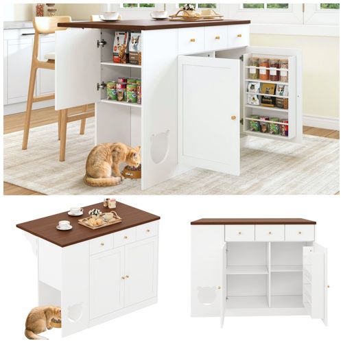 Îlot De Cuisine Blanc Et Noyer 120 Cm Avec Plan Extensible Et Coin Pour Animaux