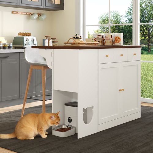 Îlot De Cuisine Blanc Et Noyer 120 Cm Avec Plan Extensible Et Coin Pour Animaux