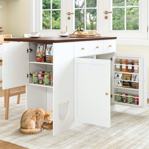 Îlot De Cuisine Blanc Et Noyer 120 Cm Avec Plan Extensible Et Coin Pour Animaux
