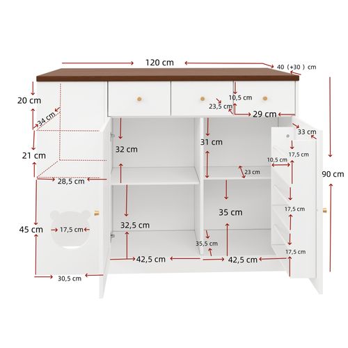 Îlot De Cuisine Blanc Et Noyer 120 Cm Avec Plan Extensible Et Coin Pour Animaux
