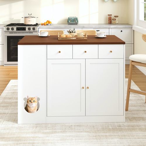 Îlot De Cuisine Blanc Et Noyer 120 Cm Avec Plan Extensible Et Coin Pour Animaux