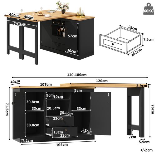 Table De Bar Design Extensible 120-180cm Avec Rotation 360° Et Rangement, Noir