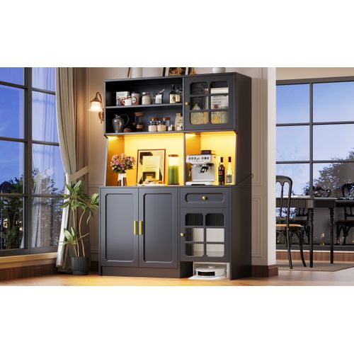 Grand Meuble De Cuisine 130x45x180cm Avec LED, Portes Vitrées Et Rangement, Noir