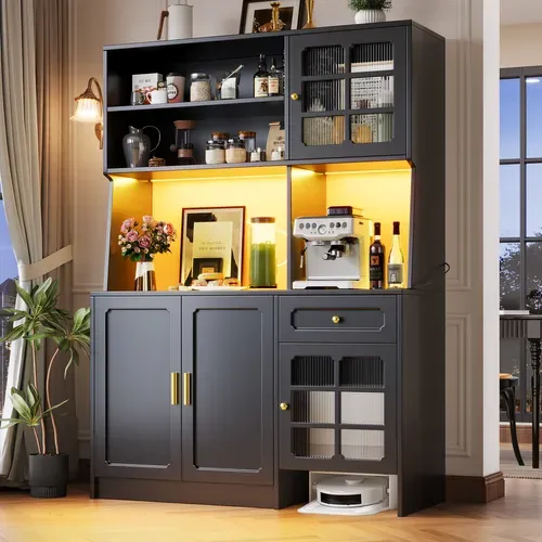 Grand Meuble De Cuisine 130x45x180cm Avec LED, Portes Vitrées Et Rangement, Noir