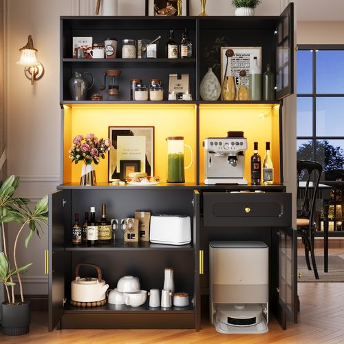 Grand Meuble De Cuisine 130x45x180cm Avec LED, Portes Vitrées Et Rangement, Noir