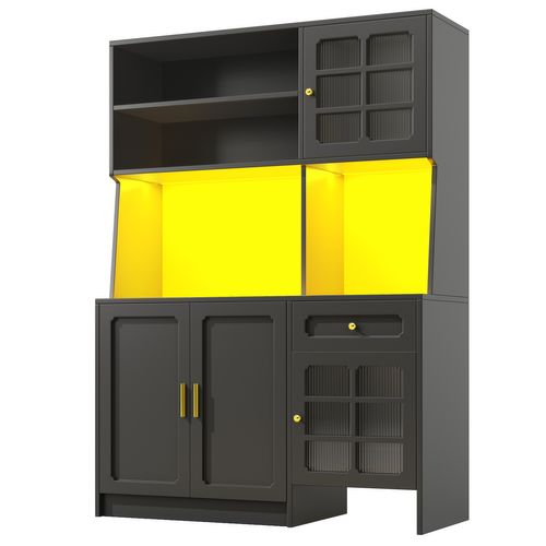 Grand Meuble De Cuisine 130x45x180cm Avec LED, Portes Vitrées Et Rangement, Noir