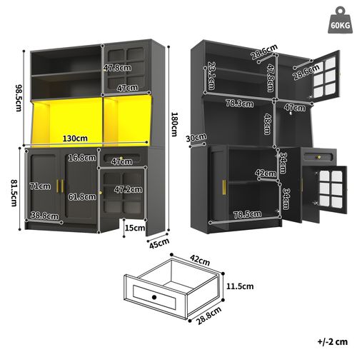 Grand Meuble De Cuisine 130x45x180cm Avec LED, Portes Vitrées Et Rangement, Noir