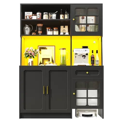 Grand Meuble De Cuisine 130x45x180cm Avec LED, Portes Vitrées Et Rangement, Noir