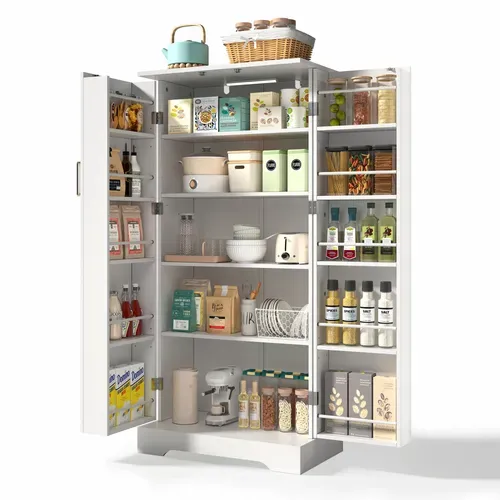 Buffet De Cuisine Multifonction Blanc 60×35×128cm Avec LED Et étagères Ajustables