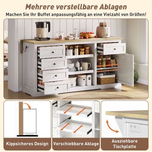 Buffet Multifonction Blanc 150×65×75 Cm Avec Plateaux Extensibles Et Prises