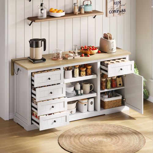 Buffet Multifonction Blanc 150×65×75 Cm Avec Plateaux Extensibles Et Prises