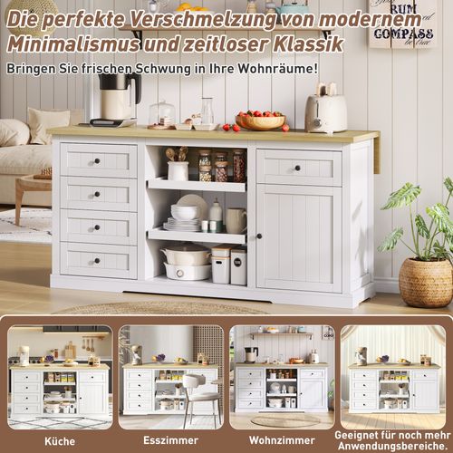 Buffet Multifonction Blanc 150×65×75 Cm Avec Plateaux Extensibles Et Prises