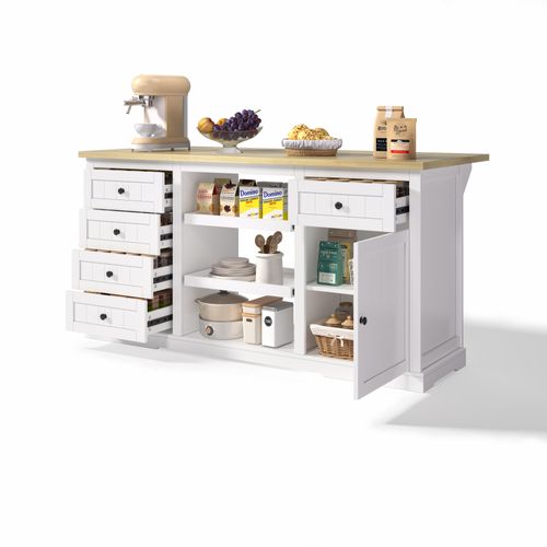 Buffet Multifonction Blanc 150×65×75 Cm Avec Plateaux Extensibles Et Prises