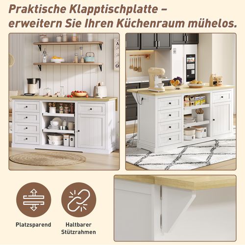 Buffet Multifonction Blanc 150×65×75 Cm Avec Plateaux Extensibles Et Prises