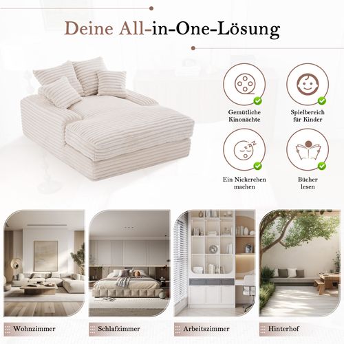 Canapé En Velours Côtelé Avec 4 Coussins, Sofa-lit Confortable Sans Montage, Beige