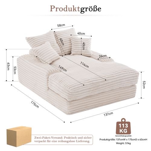 Canapé En Velours Côtelé Avec 4 Coussins, Sofa-lit Confortable Sans Montage, Beige