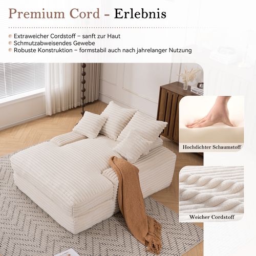 Canapé En Velours Côtelé Avec 4 Coussins, Sofa-lit Confortable Sans Montage, Beige
