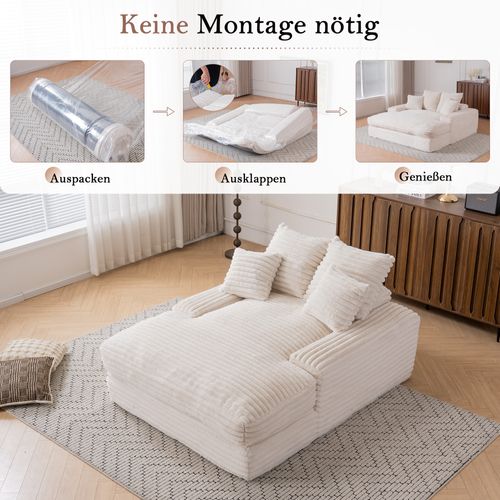 Canapé En Velours Côtelé Avec 4 Coussins, Sofa-lit Confortable Sans Montage, Beige