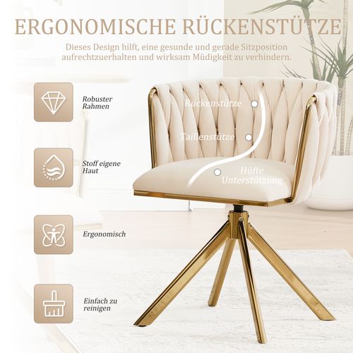 Fauteuil Velours 180° Pivotant Avec Structure Métallique Dorée Renforcée, Lot De 2, Crème