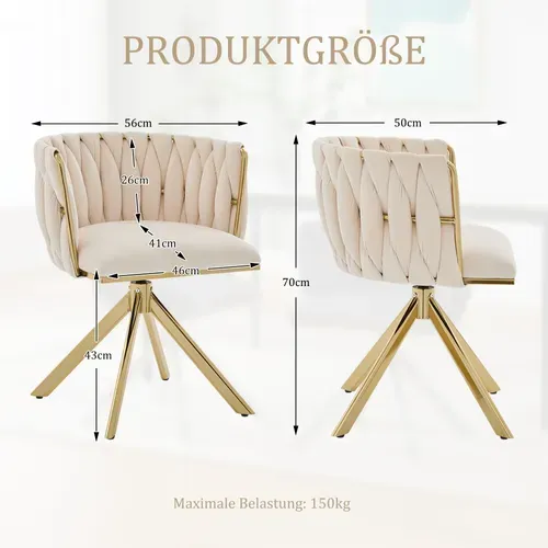Fauteuil Velours 180° Pivotant Avec Structure Métallique Dorée Renforcée, Lot De 2, Crème