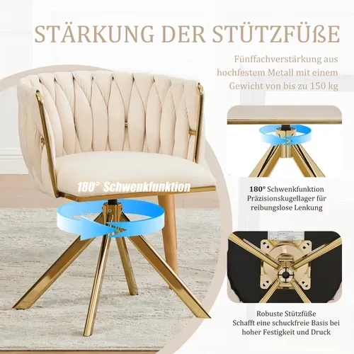 Fauteuil Velours 180° Pivotant Avec Structure Métallique Dorée Renforcée, Lot De 2, Crème