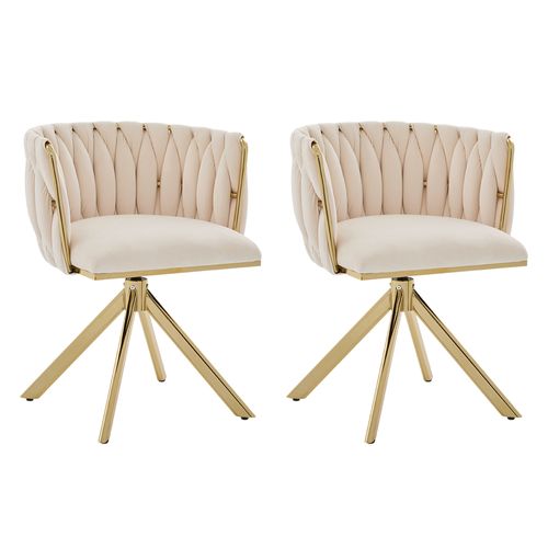 Fauteuil Velours 180° Pivotant Avec Structure Métallique Dorée Renforcée, Lot De 2, Crème