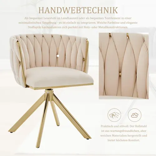 Fauteuil Velours 180° Pivotant Avec Structure Métallique Dorée Renforcée, Lot De 2, Crème