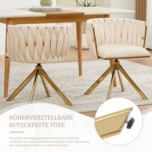 Fauteuil Velours 180° Pivotant Avec Structure Métallique Dorée Renforcée, Lot De 2, Crème