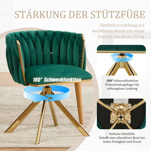 Fauteuil Velours 180° Pivotant Avec Structure Métallique Dorée Renforcée, Lot De 2, Vert
