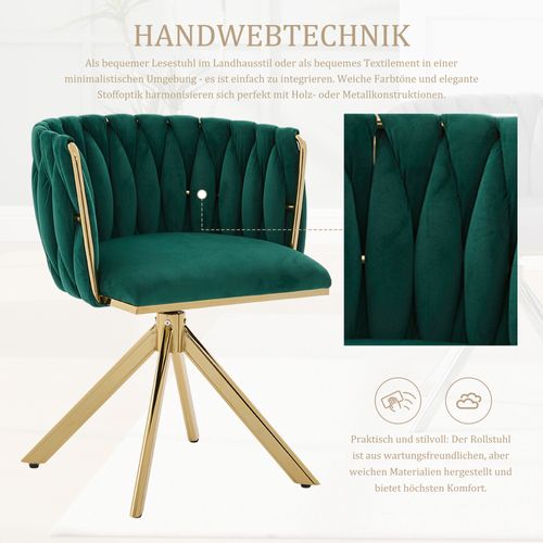 Fauteuil Velours 180° Pivotant Avec Structure Métallique Dorée Renforcée, Lot De 2, Vert