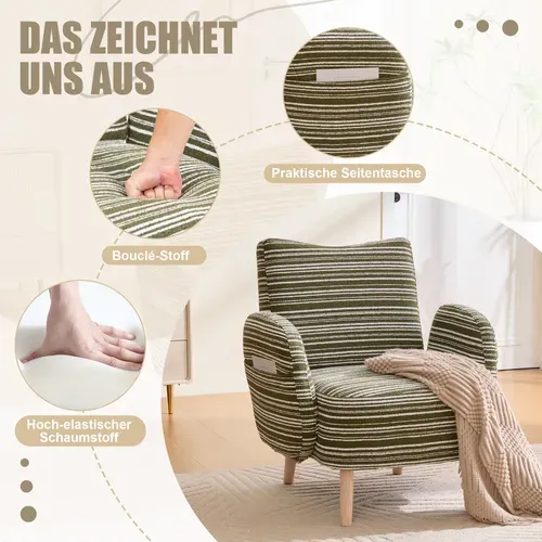 Fauteuil Moderne En Tissu à Motifs Circulaires Avec Poches Latérales Et Pieds En Bois, Vert Olive